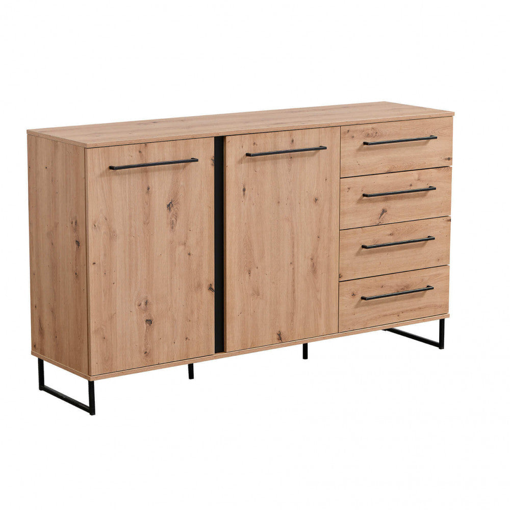 Dettaglio isolato della credenza Sardinia su sfondo bianco, che evidenzia le venature del rovere artigiano.