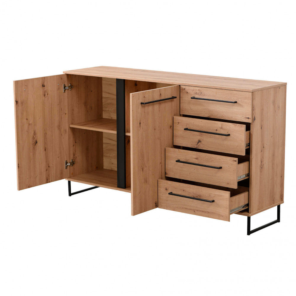 Credenza Sardinia con ante e cassetti aperti, rivelando la struttura interna e i meccanismi di scorrimento.