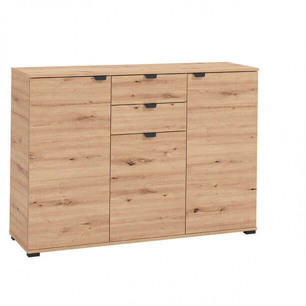 Vista angolare della credenza Duero su sfondo bianco, che evidenzia i volumi rigorosi e le maniglie nere a contrasto.