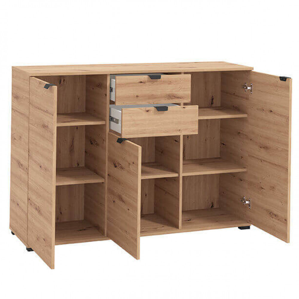 Credenza Duero con ante e cassetti centrali aperti, illustrando la capacità contenitiva e le guide metalliche di precisione.