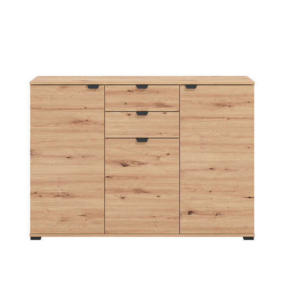 Vista frontale della credenza in truciolare bilaminato, caratterizzata da due ante laterali, due cassetti e un'anta centrale.