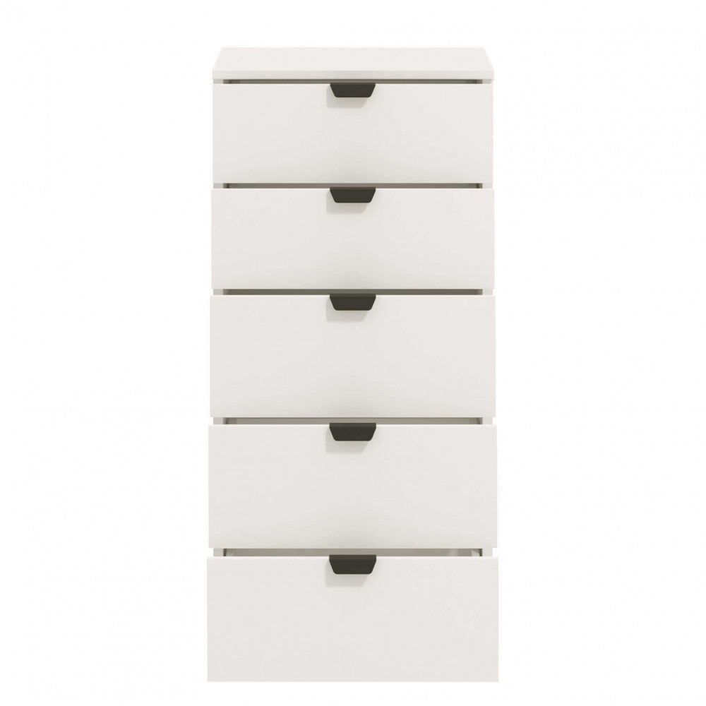 Dettaglio ravvicinato dei cassetti chiusi della cassettiera Duero, con focus sulle maniglie minimaliste nere.