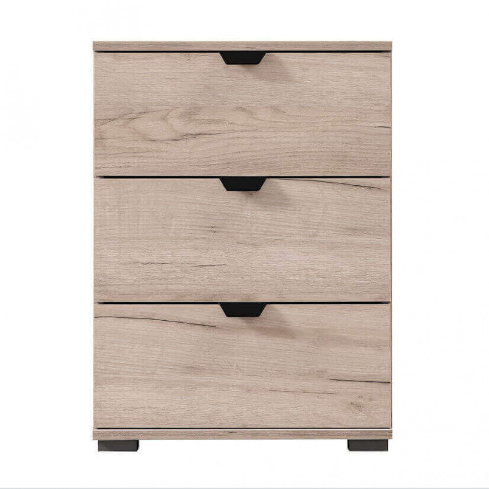 Vista frontale del comodino Duero, che evidenzia le maniglie minimaliste e le venature del legno.