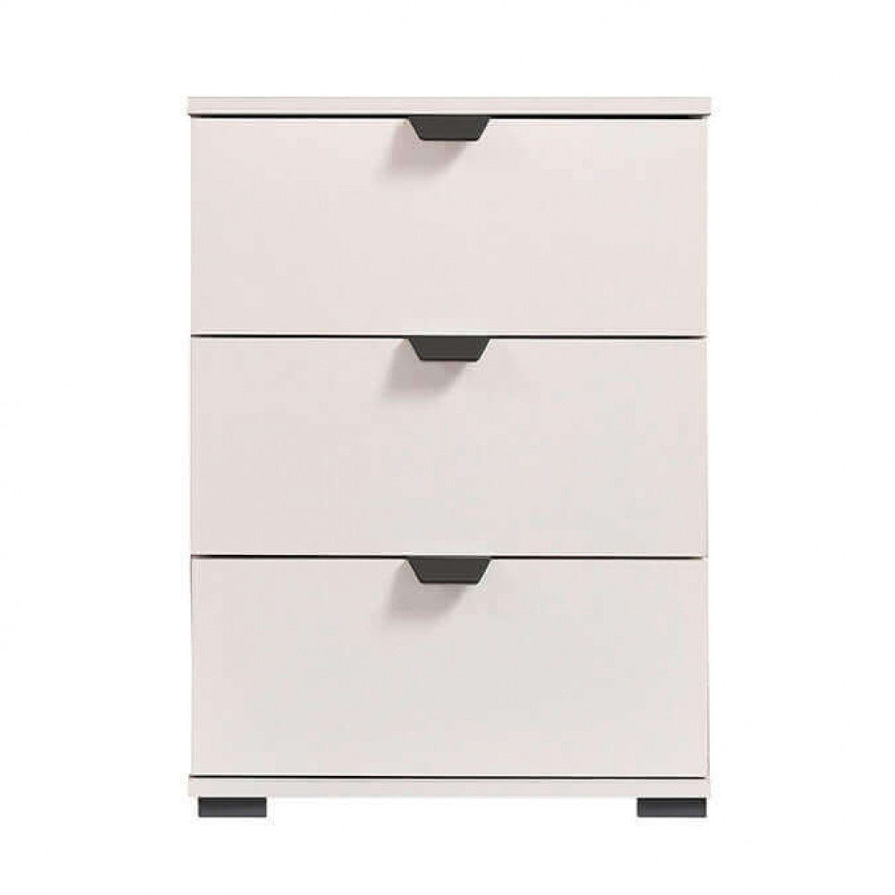 Vista frontale del comodino Duero bianco opaco, che esalta la geometria pulita e il design minimalista.