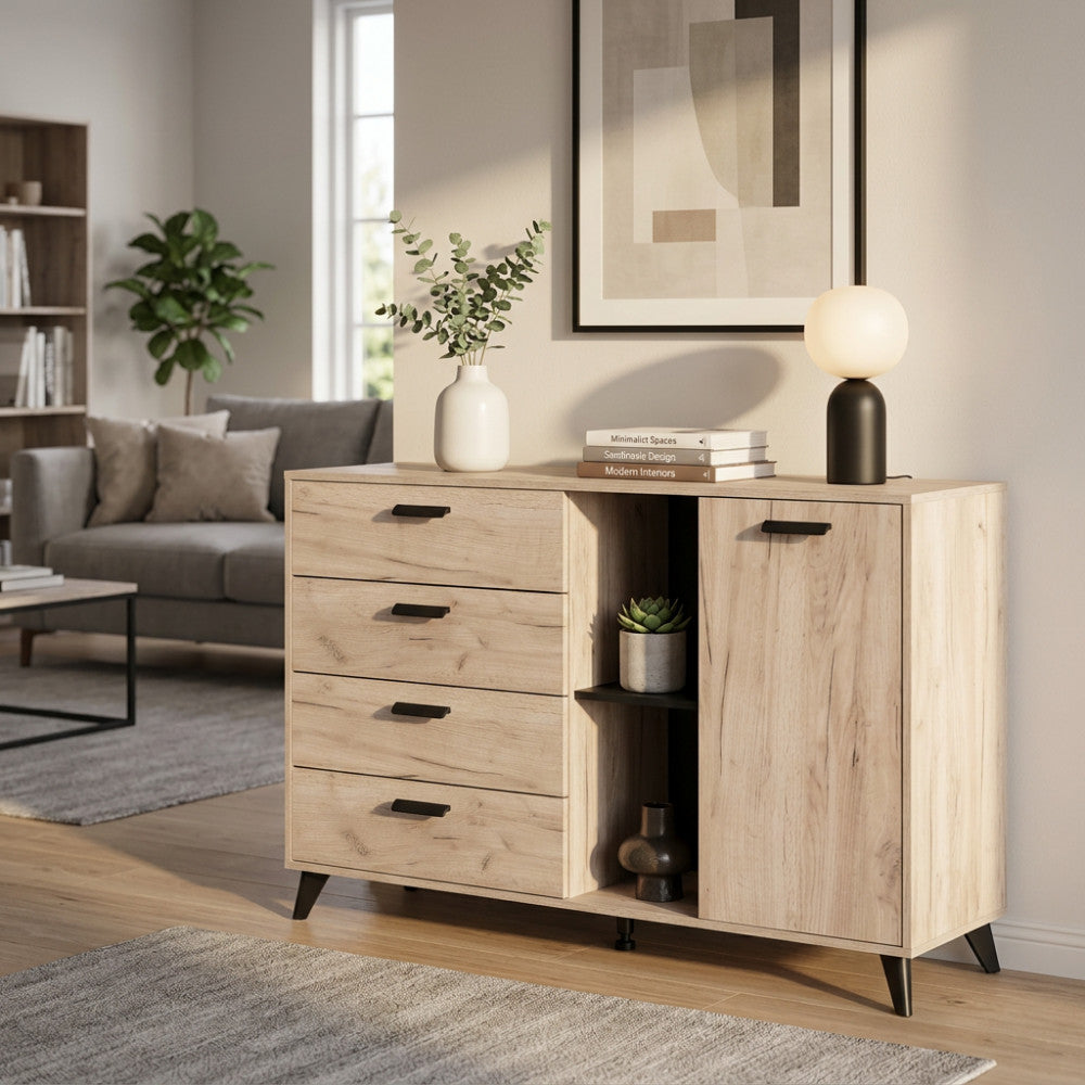 Credenza Umbria in rovere grigio e nero ambientata in un soggiorno moderno e luminoso.