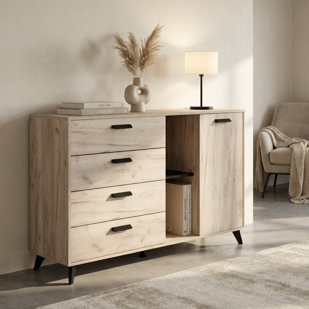 Dettaglio della credenza Umbria con decorazioni eleganti e lampada da tavolo in un ambiente neutro.