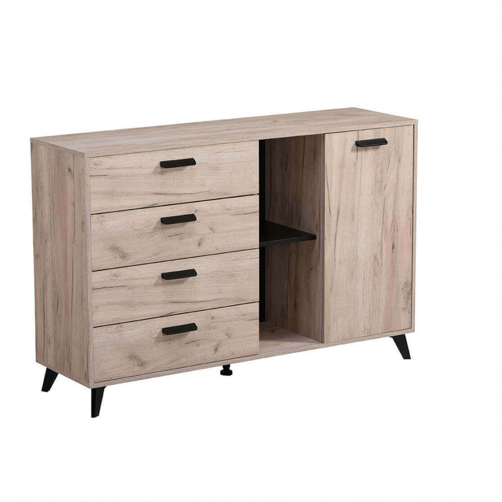 Vista frontale della credenza Umbria isolata su sfondo bianco, che mostra cassetti e anta.