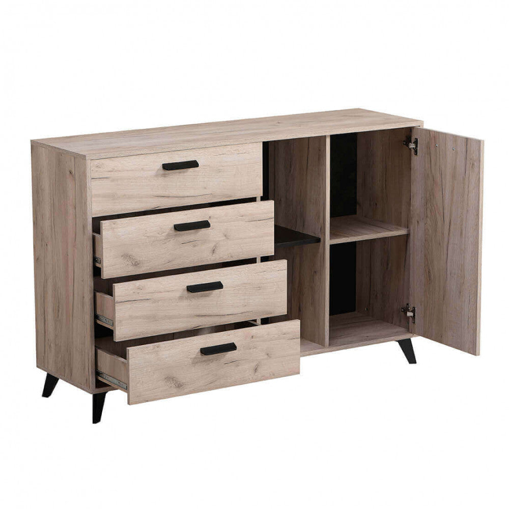 Vista angolare della credenza Umbria con cassetti e anta aperti, evidenziando la capienza interna.