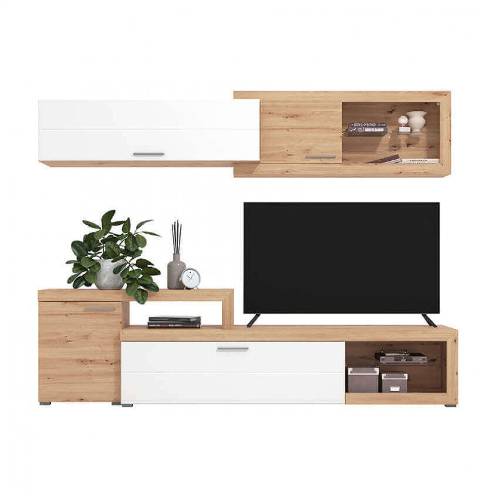 Parete attrezzata Kanas allestita con oggetti decorativi e piante da interno.