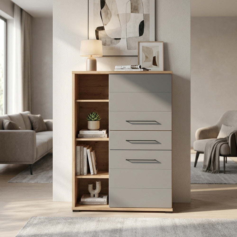 Vetrina Lisabon moderna in rovere artigiano e grigio grafite ambientata in un living luminoso.