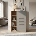 Vetrina Lisabon moderna in rovere artigiano e grigio grafite ambientata in un living luminoso.