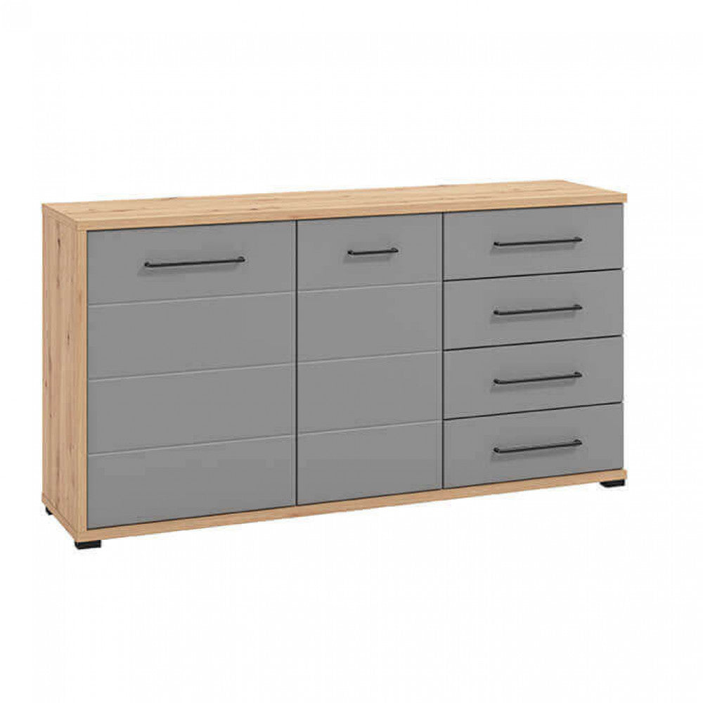 Credenza Lisabon isolata su sfondo bianco, che mostra i cassetti e le ante in finitura grigio grafite.