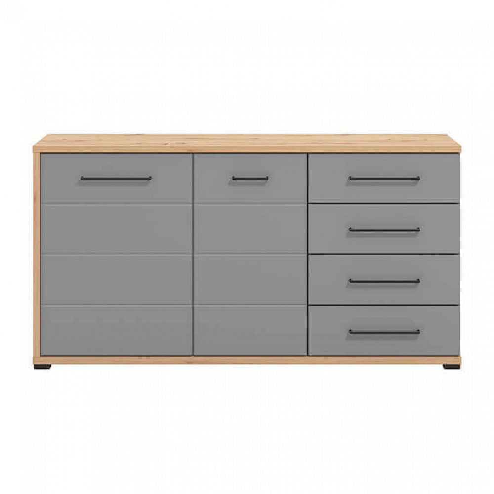 Vista frontale della credenza Lisabon chiusa, evidenziando la simmetria dei cassetti e le maniglie scure.