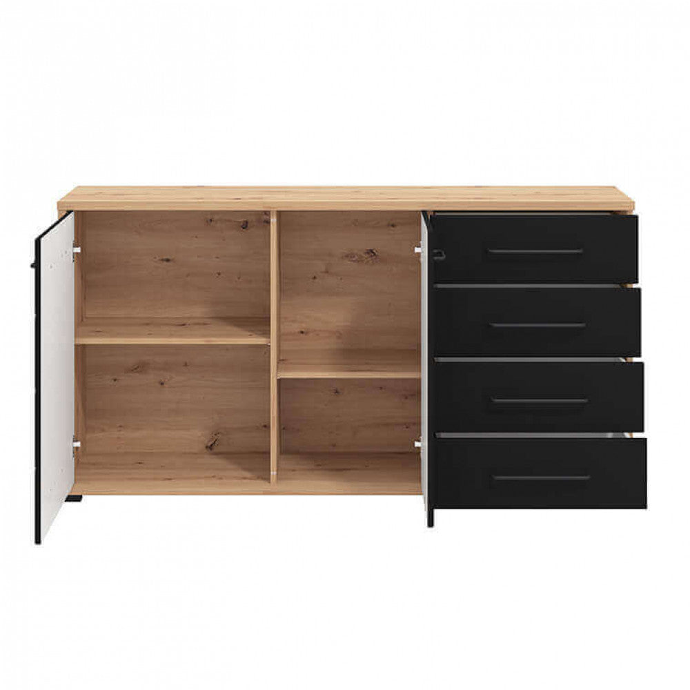 Credenza Lusitania con ante aperte, rivelando i capienti ripiani interni in finitura rovere artigiano.