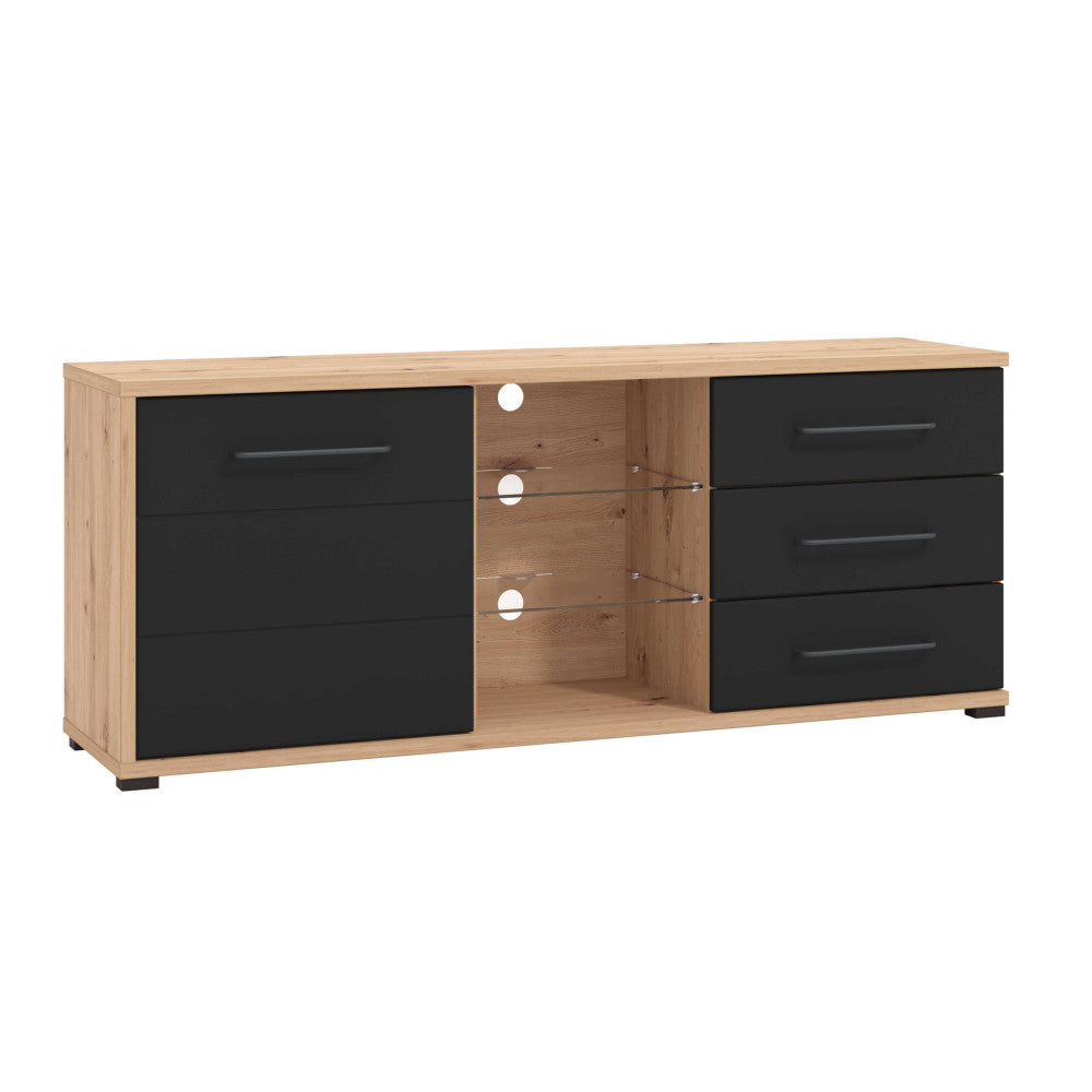 Dettaglio angolare del Porta TV Lusitania che evidenzia la finitura rovere artigiano e i cassetti antracite.