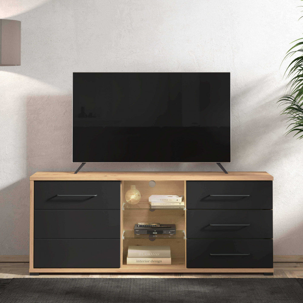 Vista frontale del Porta TV con ripiani centrali in vetro illuminati, che esaltano il design contemporaneo.