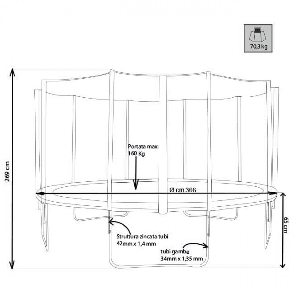 TRAMPOLINO ELASTICO CON RETE Ø 366 CM