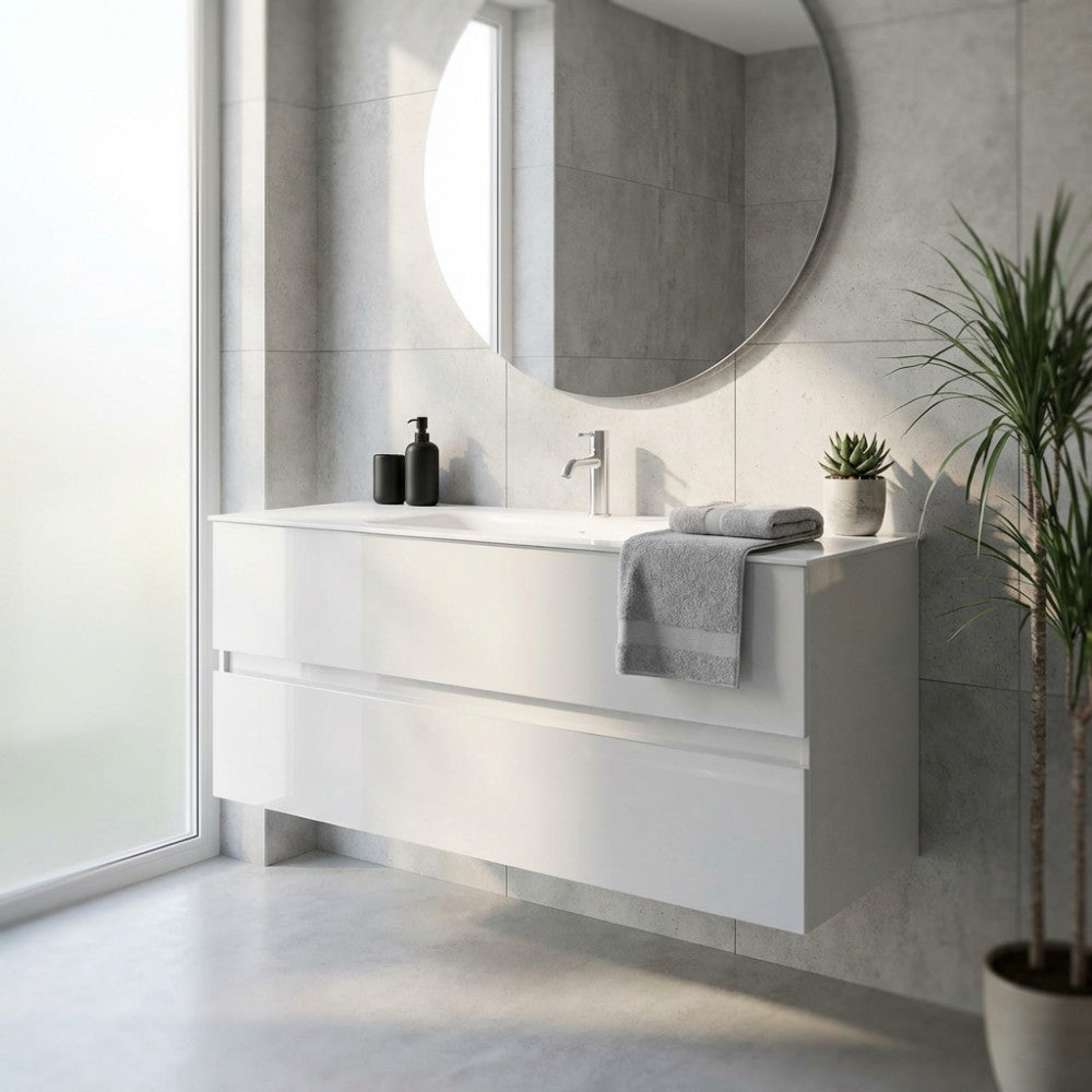 Prospettiva angolata del mobile lavabo bianco lucido in un bagno contemporaneo, caratterizzato da un grande specchio rotondo, una pianta in vaso e luce naturale che illumina le superfici lisce.