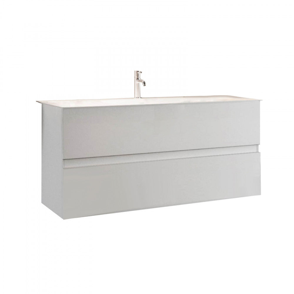 Vista frontale isolata del mobile minimalista in truciolare bilaminato bianco, che mostra le sue linee pulite e il lavabo integrato su sfondo bianco puro.