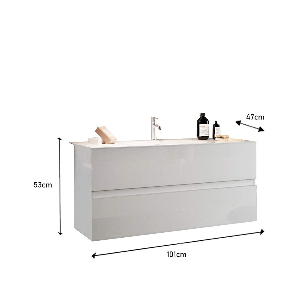 Disegno tecnico dimensionale del mobile bagno, che dettaglia esplicitamente le misure: 101 cm di larghezza, 53 cm di altezza e 47 cm di profondità.
