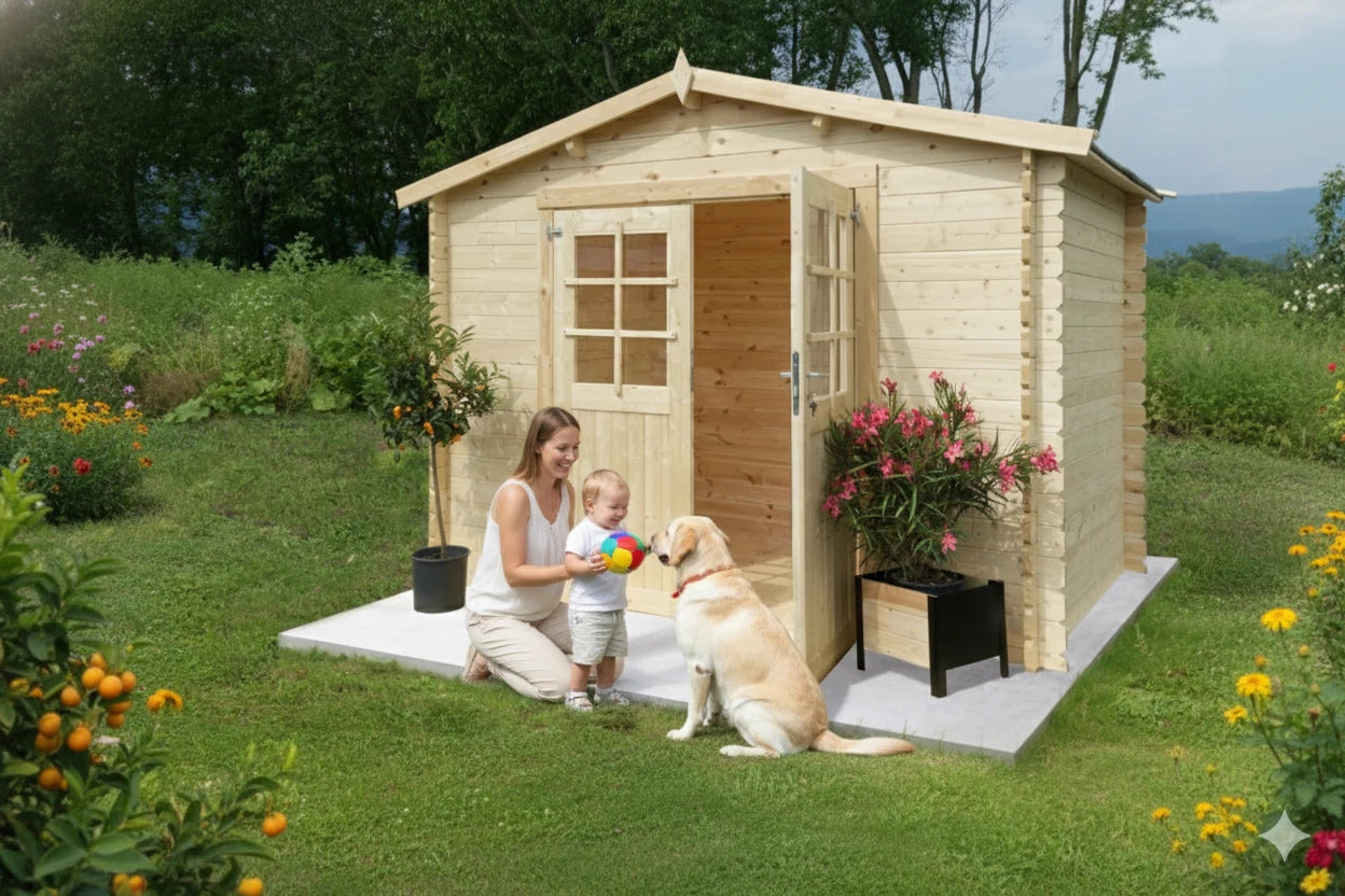 Casetta Ambra in legno di pino ambientata in giardino