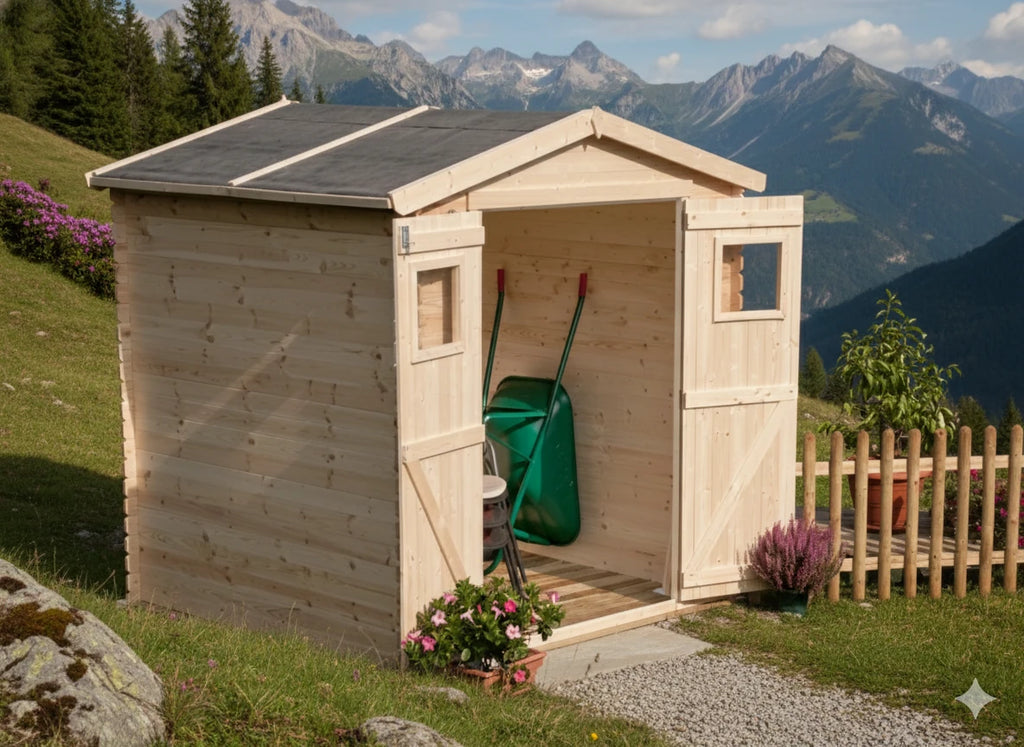 Casetta da giardino Greta in abete grezzo, con tetto spiovente, su sfondo bianco.