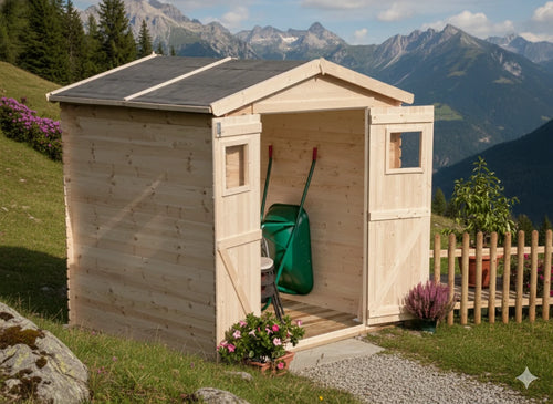 Casetta da giardino Greta in abete grezzo, con tetto spiovente, su sfondo bianco.