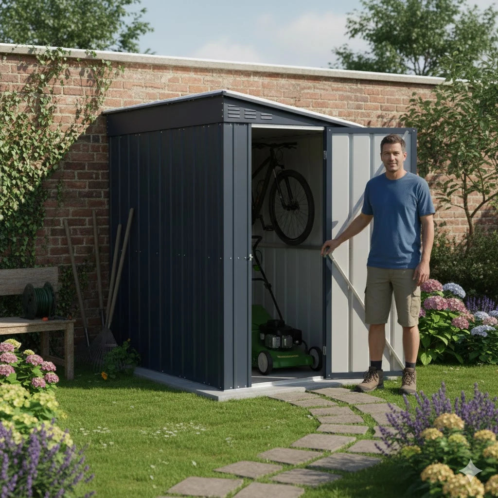 Casetta in Lamiera Addossata Antracite (124x180 cm) con telaio triplo, porta singola e vernice epossidica garantita 15 anni, con bicicletta al suo interno e tagliaerba che ne mettono in luce il suo utilizzo