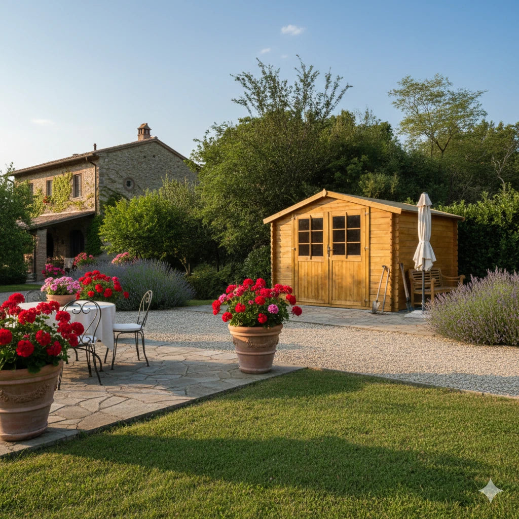 Casetta Rita da giardino 300x300 cm in Abete impregnato in autoclave, con doppia porta con serratura e tetto bitumato, ambientata in un casolare di campagna elegante