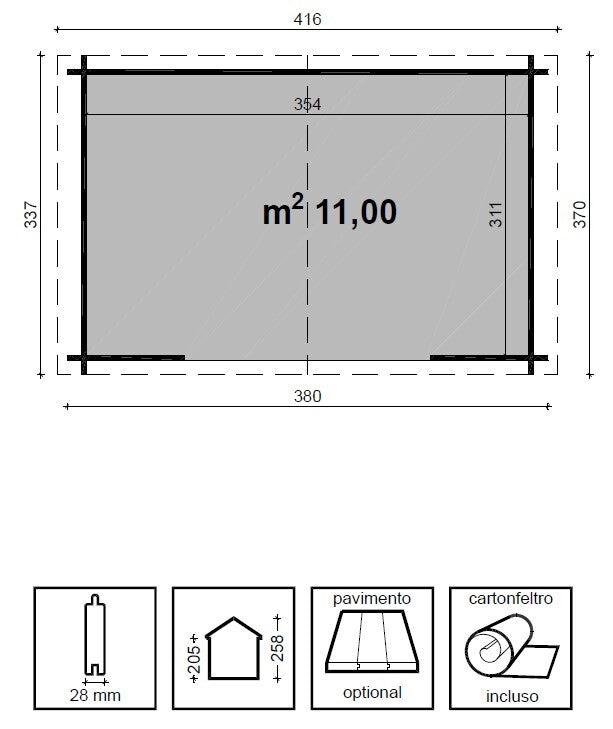 Misure e schema Casetta da giardino in Abete impregnato in autoclave 380x337 cm, costruzione blockhouse 28 mm, doppia porta e finestra apribile.