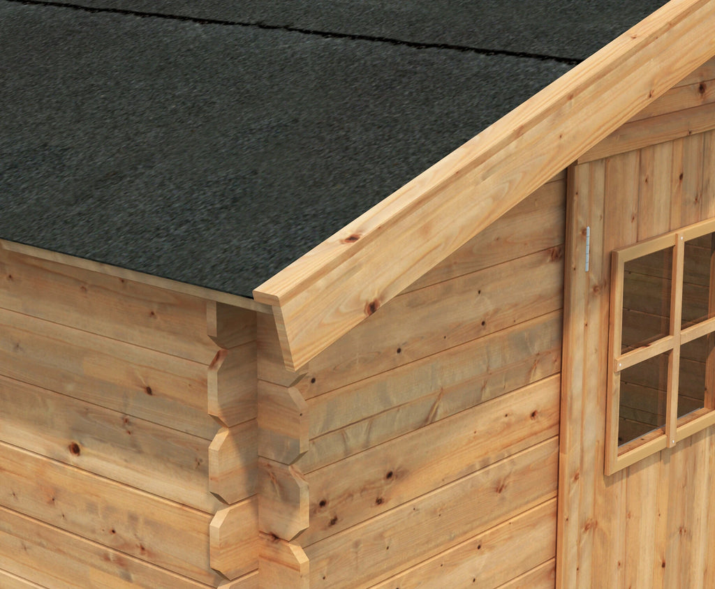 Dettaglio tetto e porta Casetta da giardino in Abete impregnato in autoclave 380x337 cm, costruzione blockhouse 28 mm, doppia porta e finestra apribile.