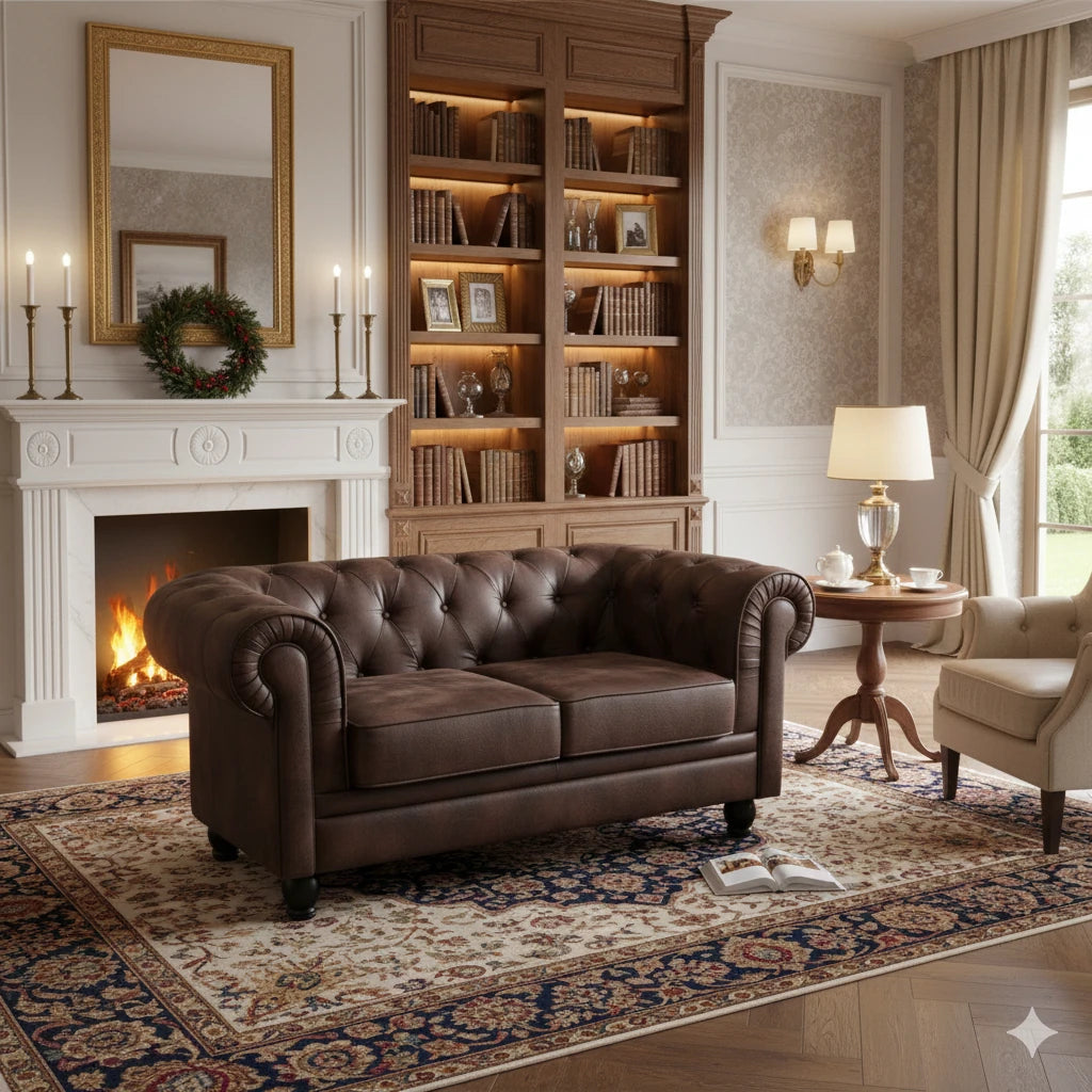 DIVANO 2 POSTI CHESTERFIELD IN ECOPELLE VINTAGE MARRONE