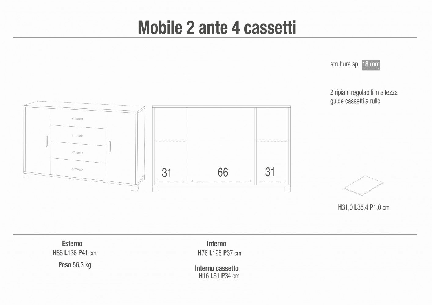 MOBILE 2 ANTE 4 CASSETTI - KIT TITANIO E QUERCIA BIANCO