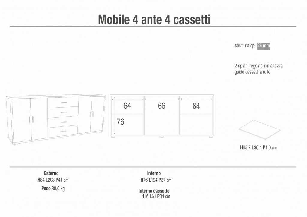 MOBILE 4 ANTE 4 CASSETTI KIT OSSIDO BIANCO E NOCE STELVIO