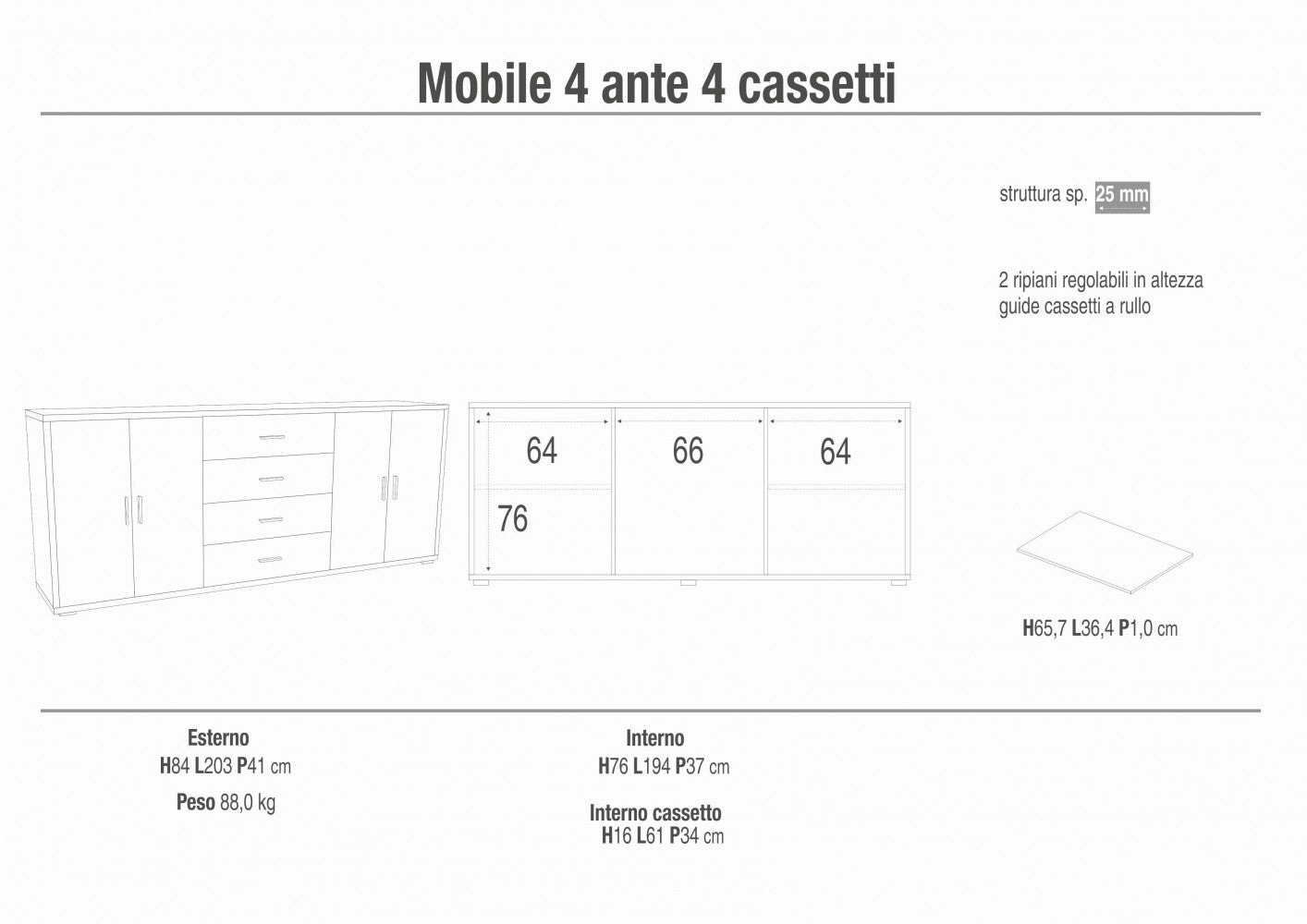 MOBILE 4 ANTE 4 CASSETTI KIT OSSIDO BIANCO E NOCE STELVIO