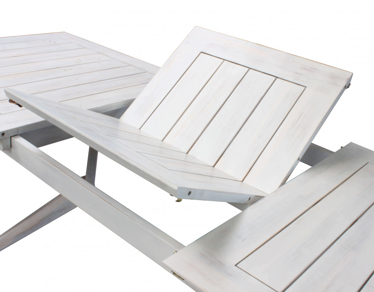 Dettaglio sistema di allunghe Tavolo da giardino Bali allungabile 180/240x90 cm in legno di acacia bianca, ideale per grandi pranzi all'aperto | Albert Stock