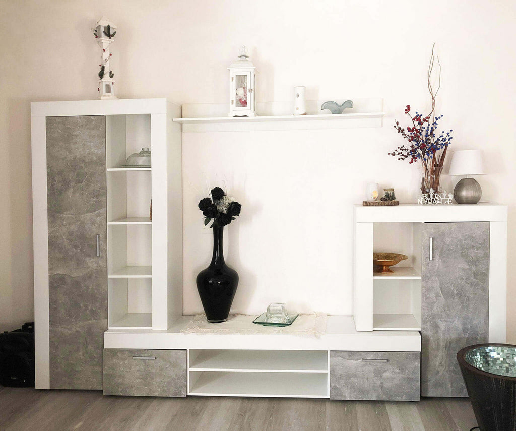 PARETE SOGGIORNO NOBEL BIANCO E GRIGIO EFFETTO CEMENTO