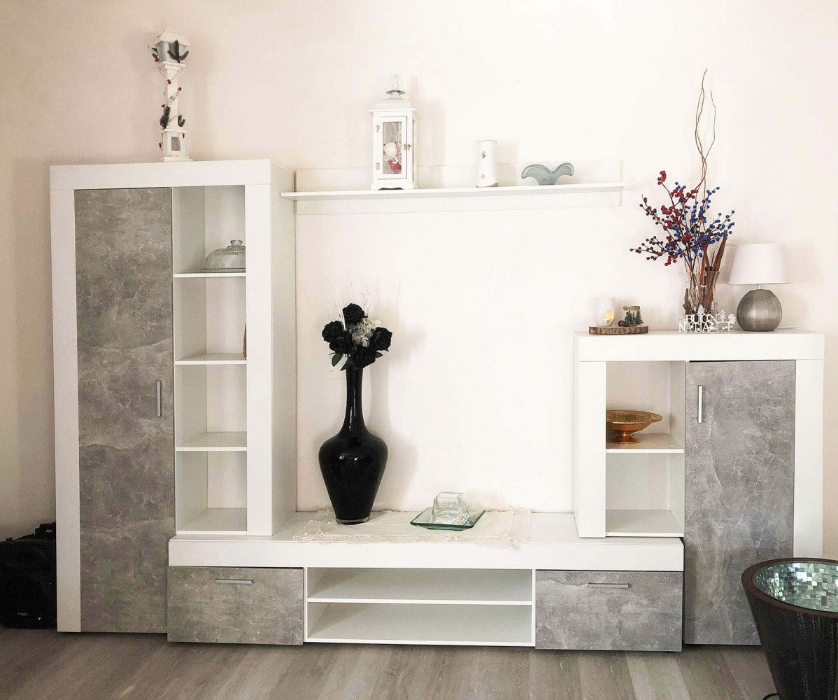 PARETE SOGGIORNO NOBEL BIANCO E GRIGIO EFFETTO CEMENTO