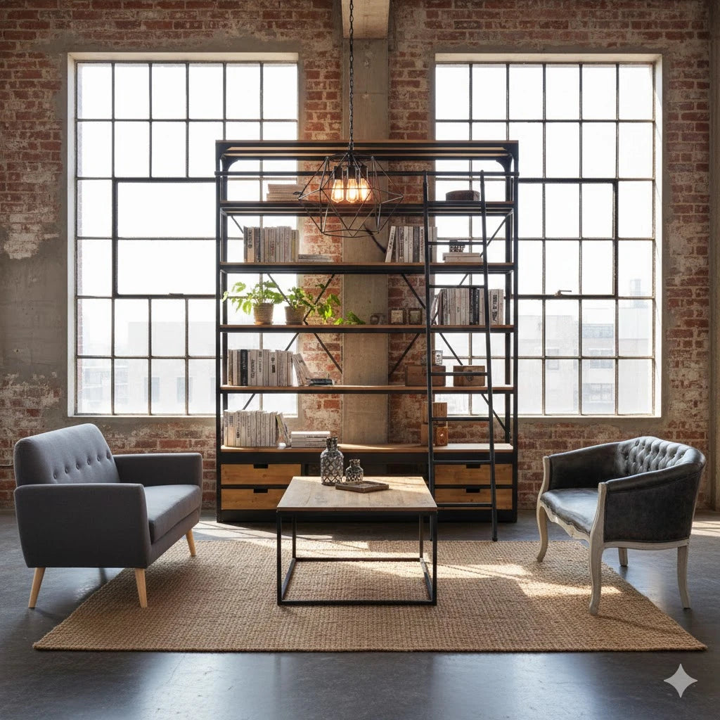 Libreria Ferdy alta e ampia, in legno marrone e struttura in acciaio nero, stile industriale, ambientata in un loft stile industriale