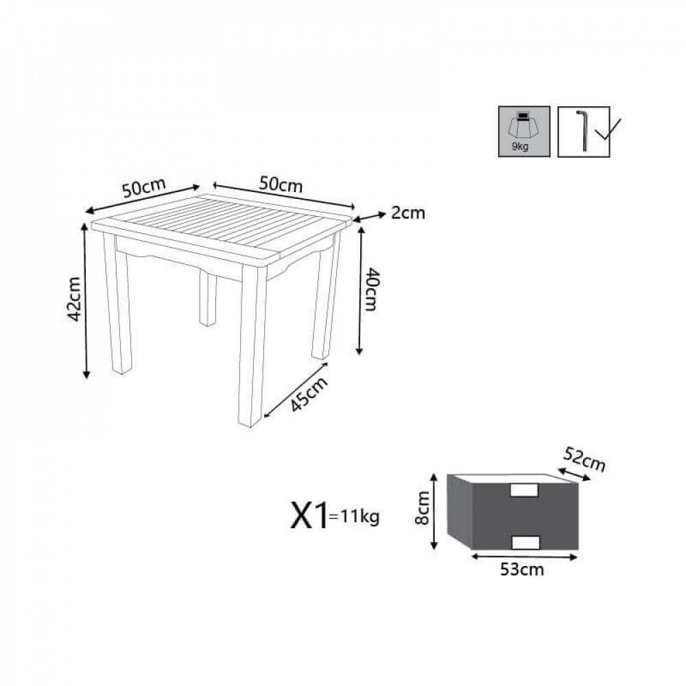Misure e schema tecnico Tavolino per esterni in legno di acacia, con forma quadrata, ambientato in un giardino per mostrare la sua versatilità | Albert Stock