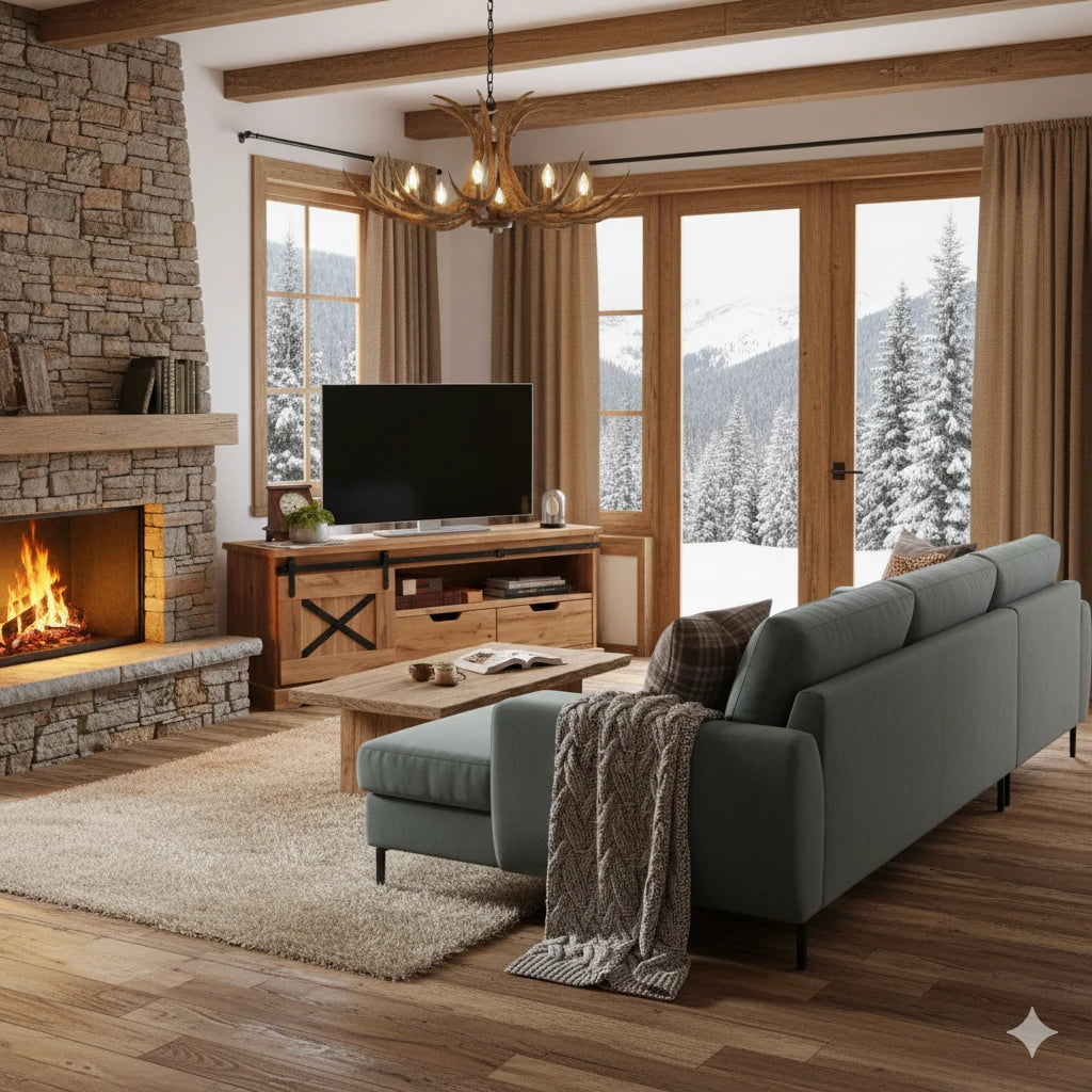 Il Mobile TV Nyks I ambientato in un soggiorno con arredamento moderno, che ne sottolinea l'eleganza e l'integrazione stilistica, ambientato in soggiorno stile montagna