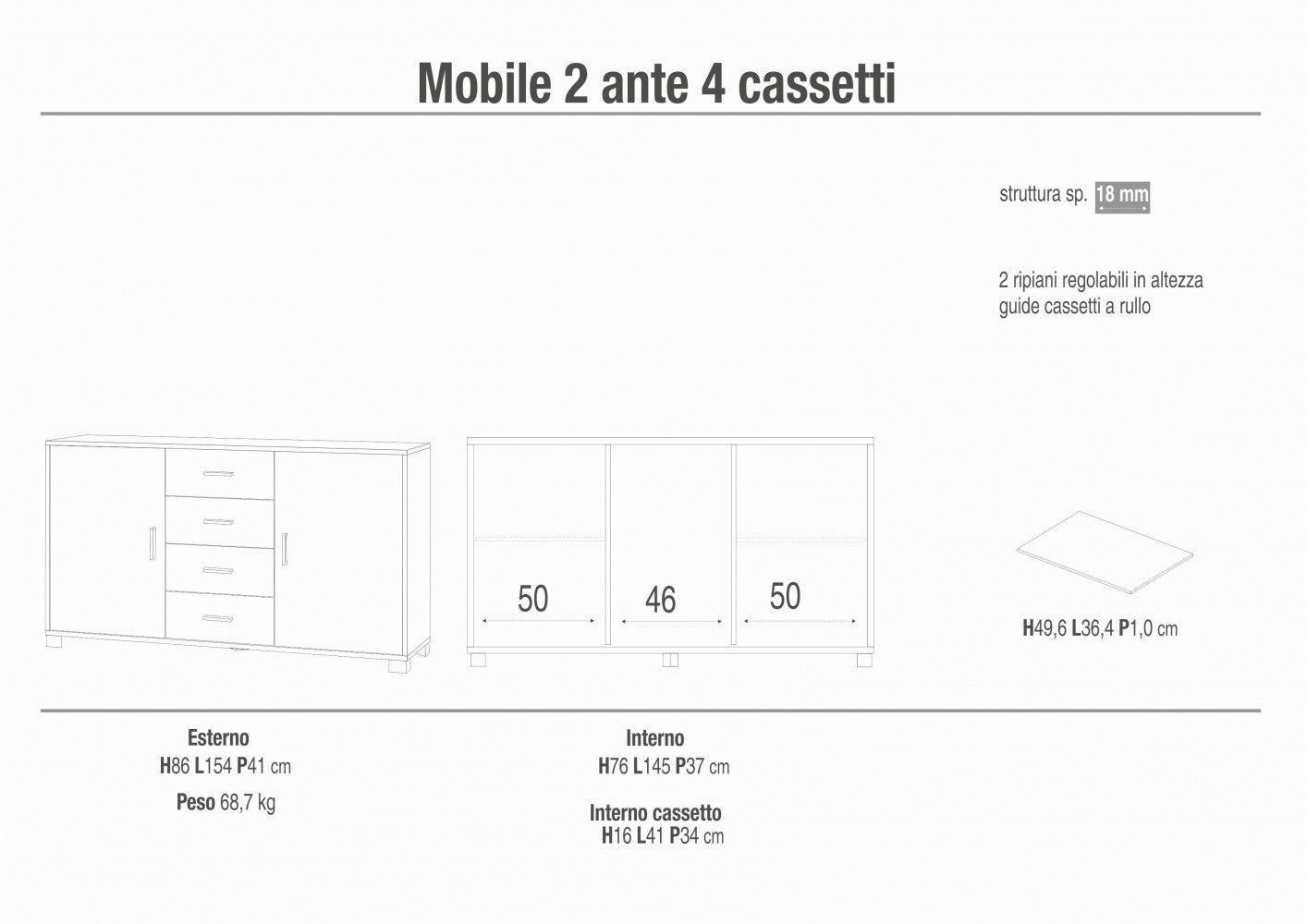 MOBILE 2 ANTE 4 CASSETTI TITANIO E QUERCIA BIANCO