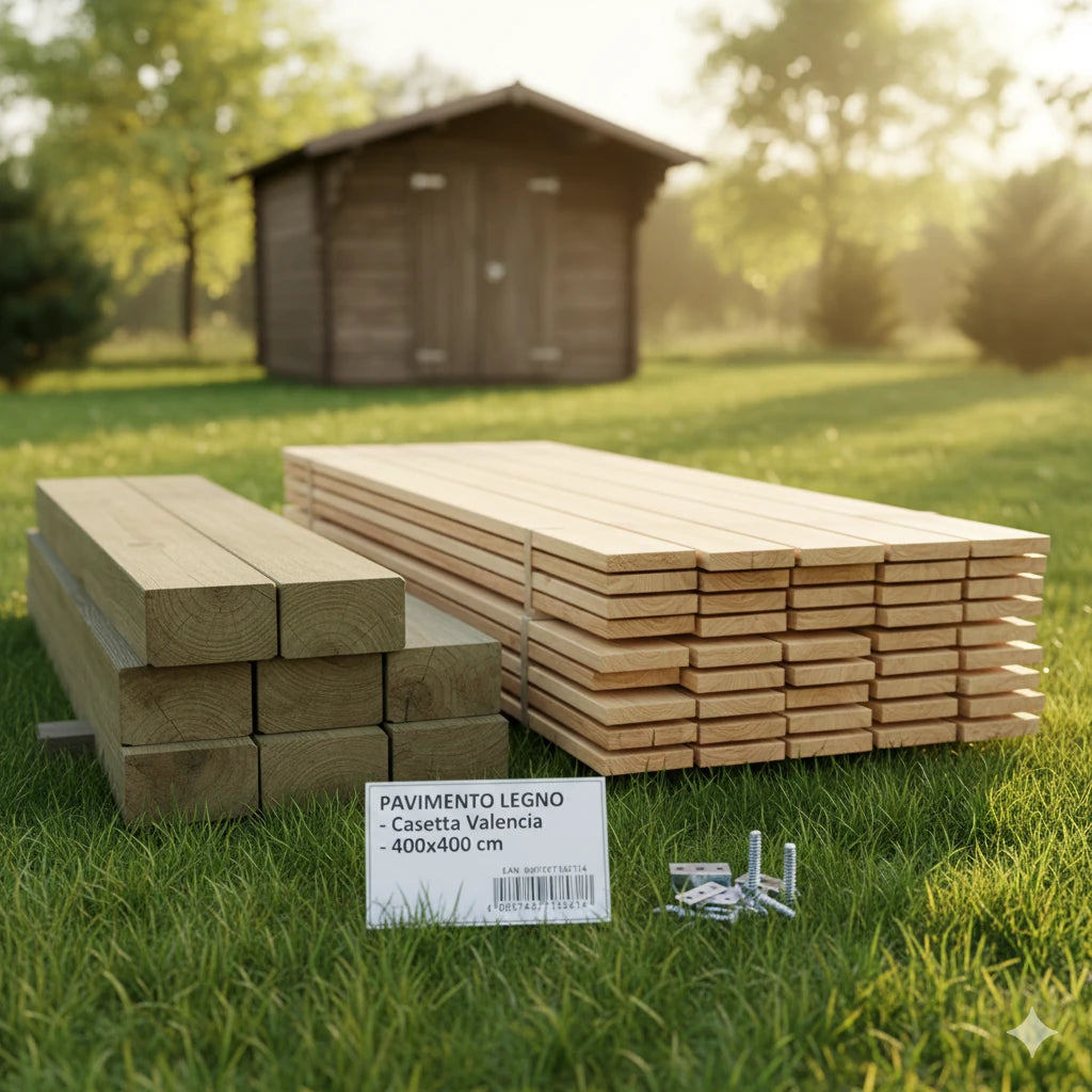 VIsta panoramica del pavimento a listoni per la casetta valencia 400x400 cm