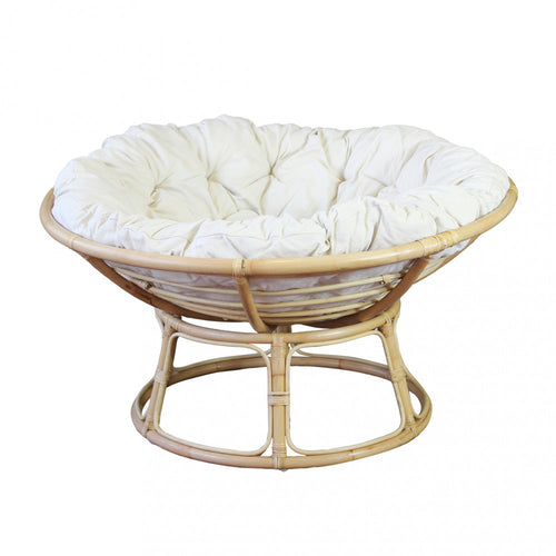 Poltrona Piña Colada in fibra naturale con cuscini beige, design esotico.