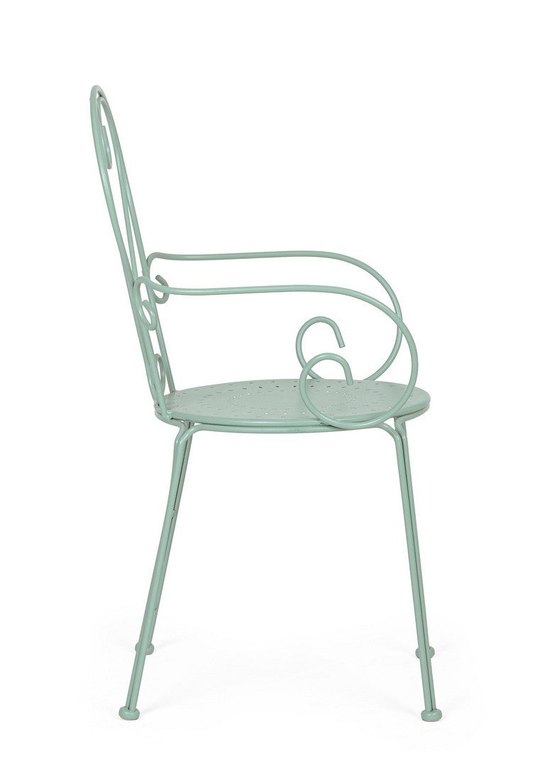 Poltroncina in ferro battuto color verde acqua.