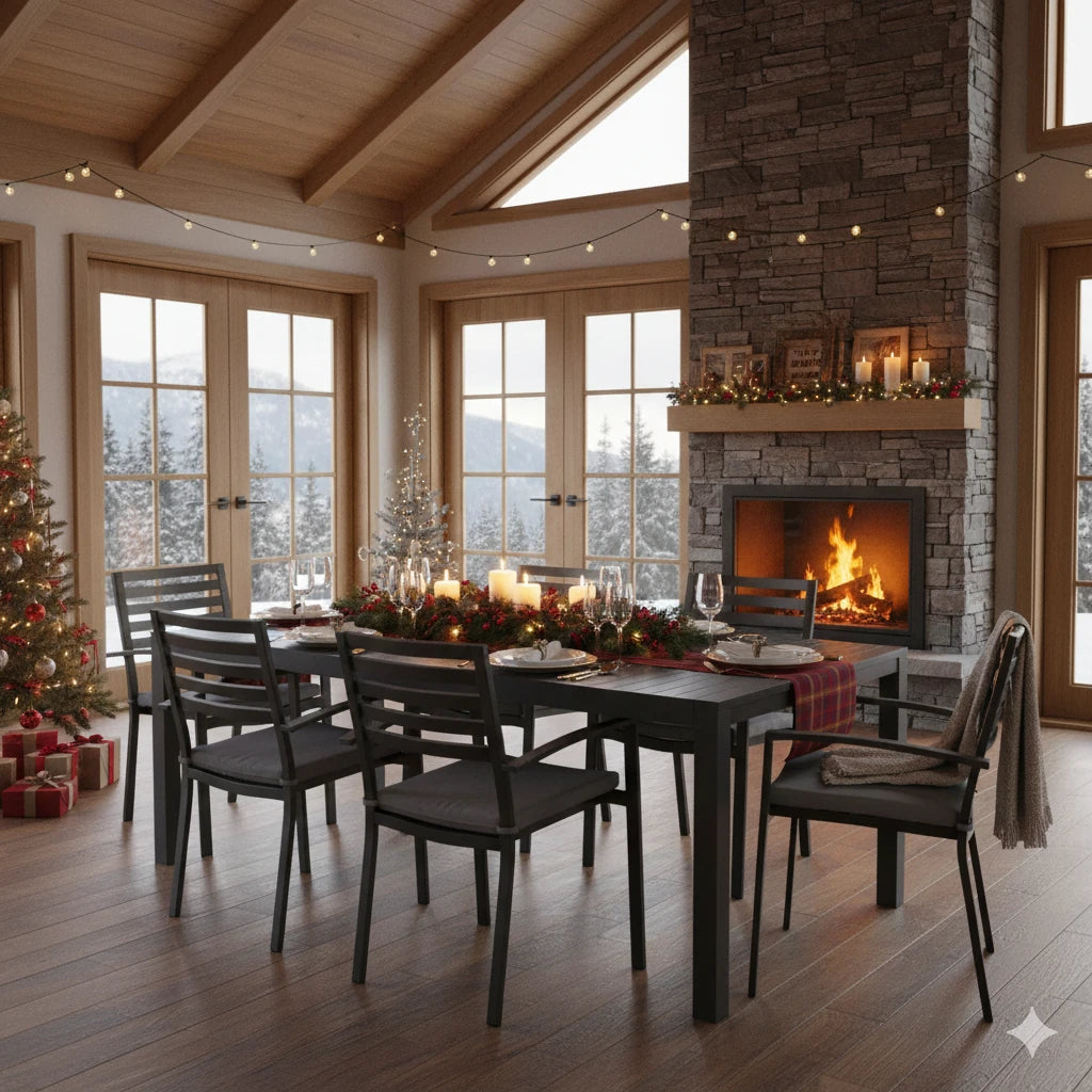 Tavolo da giardino Houston allungabile colore taupe, design moderno, ambientato in soggiorno di montagna