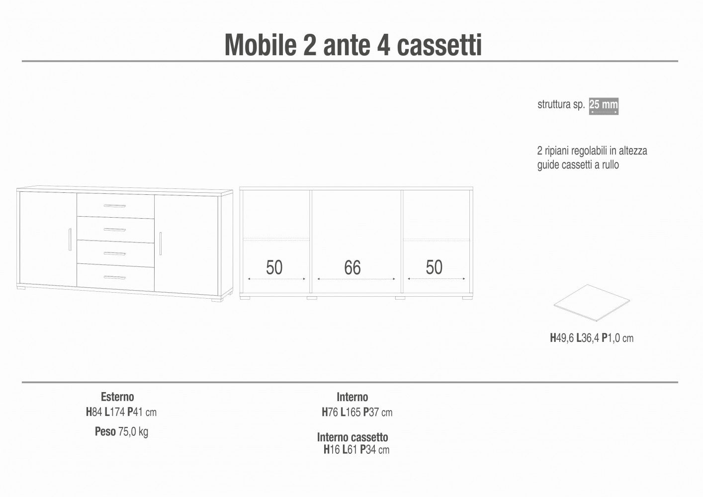 MOBILE 2 ANTE 4 CASSETTI KIT OSSIDO BIANCO E NOCE STELVIO