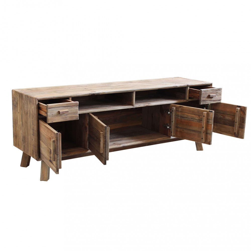 Vista interna co n Primo piano dei due cassetti, quattro ante e due ripiani del Porta TV Ralph, che mostrano la texture del legno riciclato e la capacità contenitiva | Albert Stock