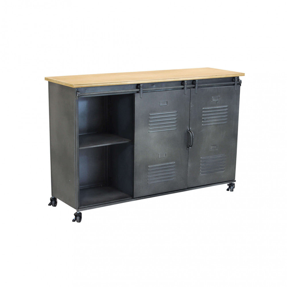 Dettaglio Vista Laterale Mobile Gabriel credenza in legno marrone e struttura in acciaio grigio, stile industriale con ante scorrevoli | Albert Stock