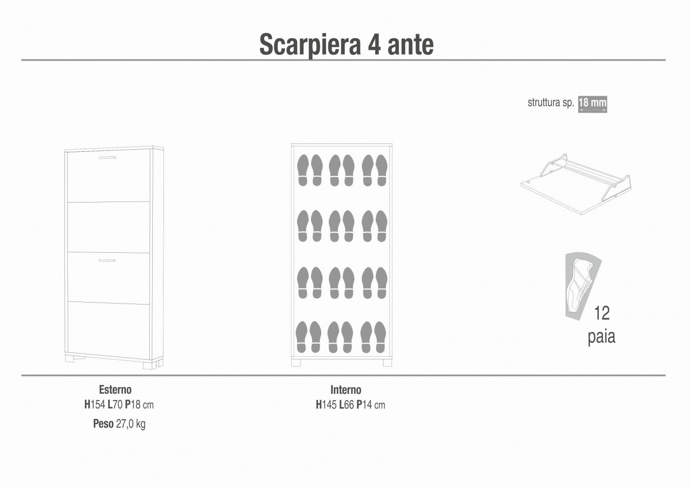 Dettaglio delle ante a ribalta e delle maniglie metalliche della scarpiera Cosma